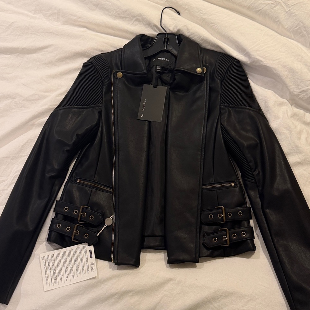 Muubaa Black Leather Jacket with Gold Accents